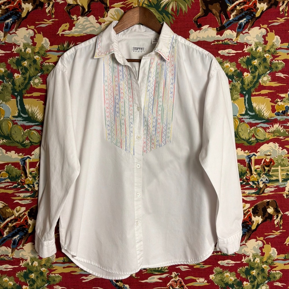 Esprit Sport Button Up Women Medium White Excellent Vintage 80s Rainbow Stitch